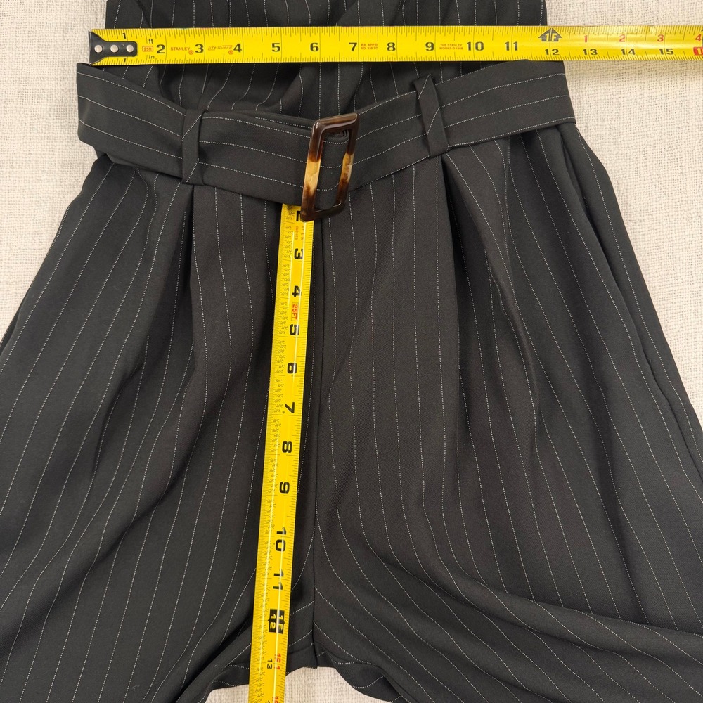 Black Pinstripe Strapless Wide Leg Jumpsuit with Belted Waist Smocked Back Sze S - Picture 6 of 11